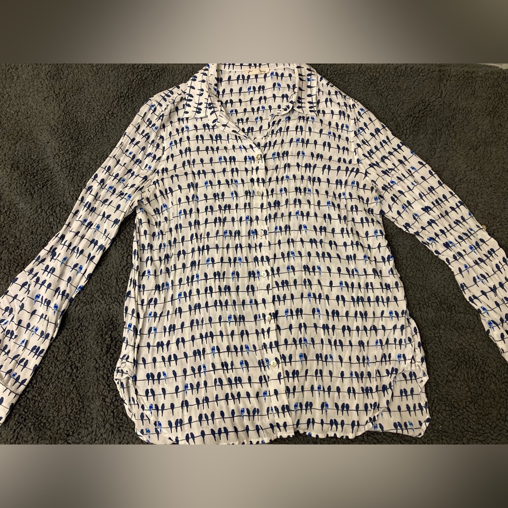 Blue and White large bird blouse